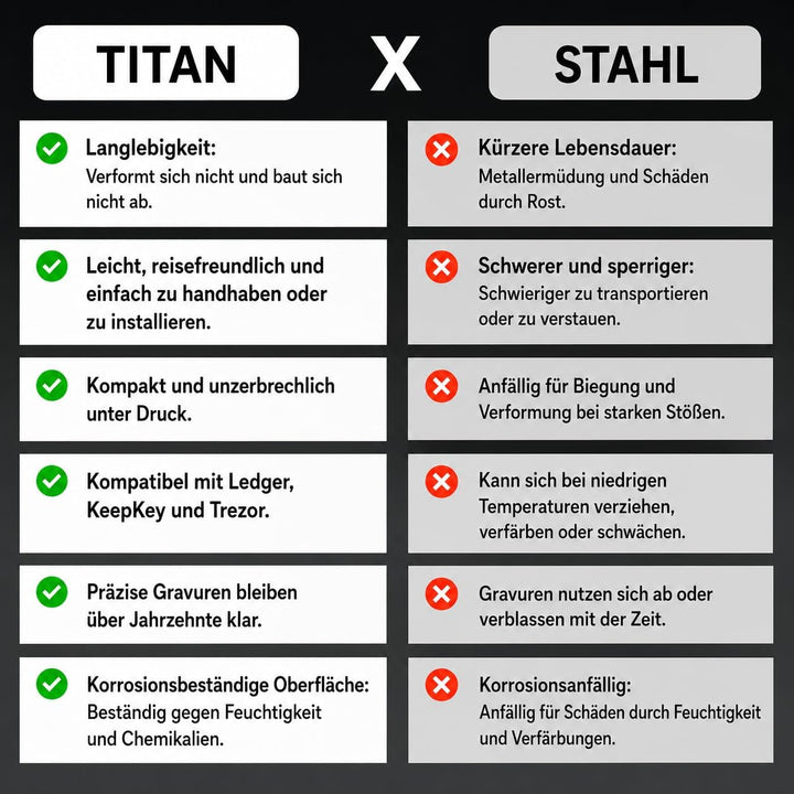 Hooe England Crypto Seed Storage 2 x Lazer Gravierte Kalt Titan Metallplatte Brieftasche Stanzbar od