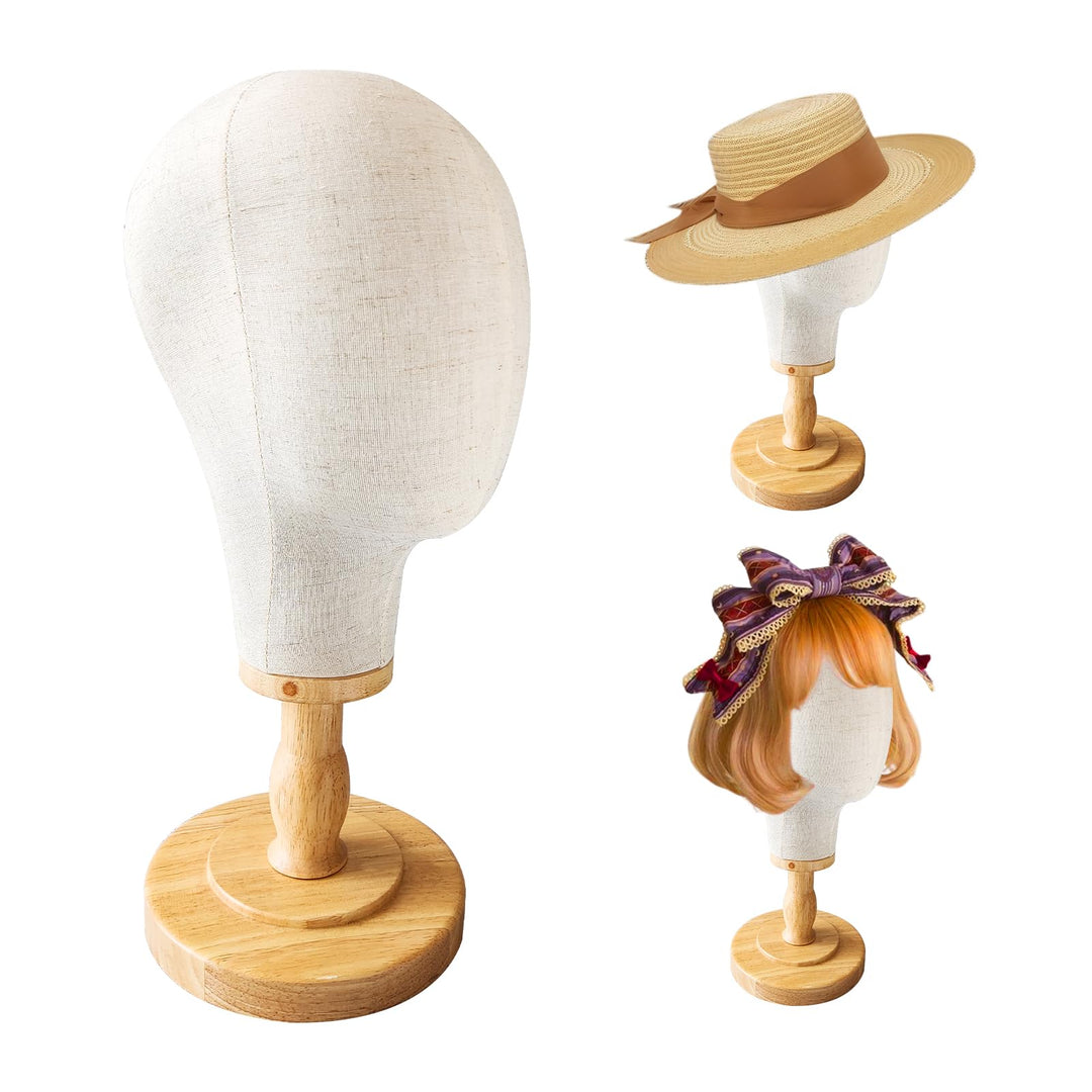 Perückenkopf-Ständer, 53,3 cm, Mannequin-Kopf, Kuppel, Leinwand + abnehmbarer Holzständer, Hutkappen