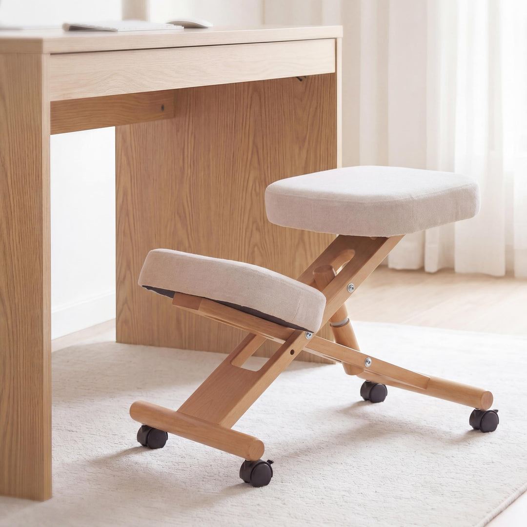 Mendler Kniestuhl HWC-Q46, Sitz-/Kniehocker höhenverstellbar Rollen Stoff/Textil (200g/m²) Holz - Cr