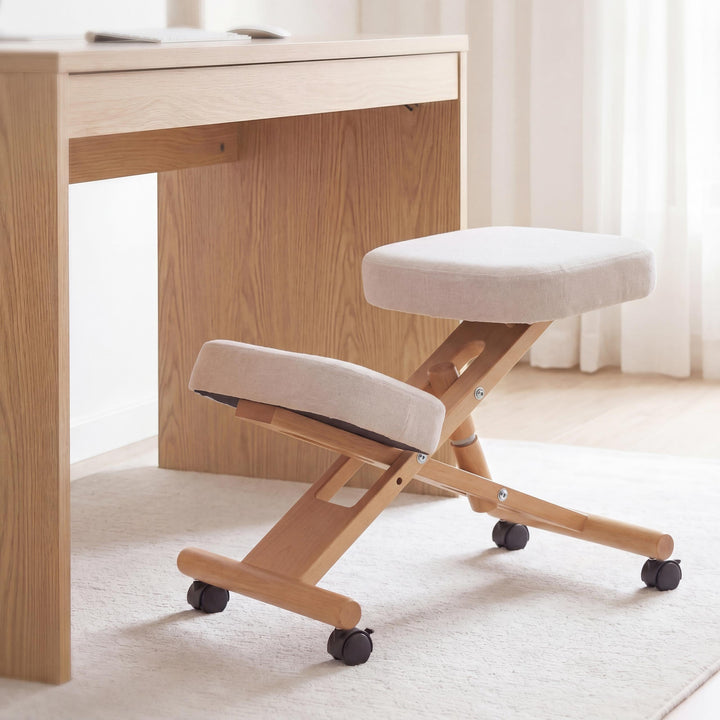 Mendler Kniestuhl HWC-Q46, Sitz-/Kniehocker höhenverstellbar Rollen Stoff/Textil (200g/m²) Holz - Cr