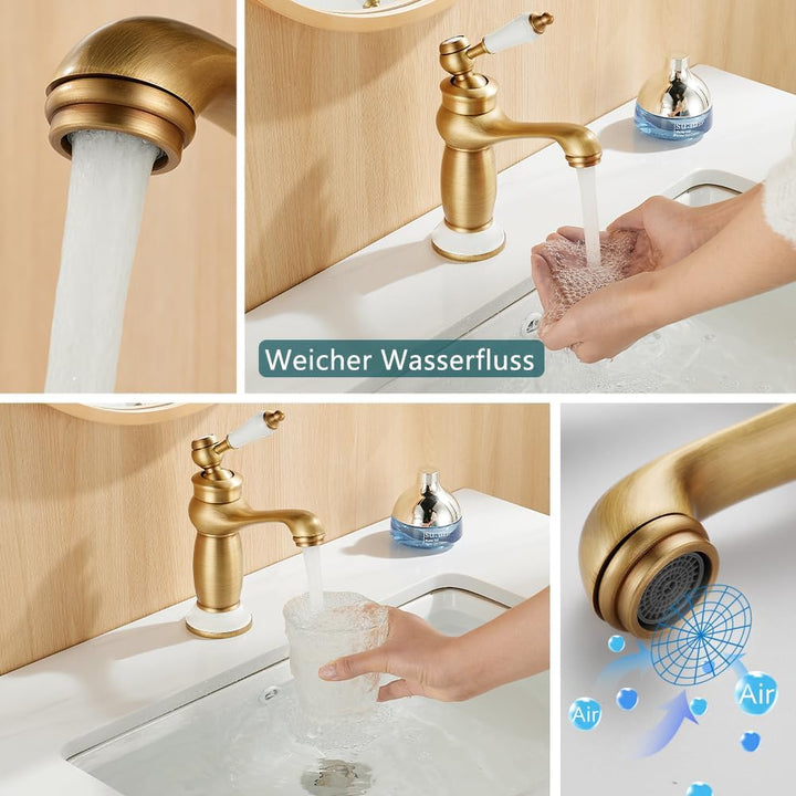 Traditioneller Wasserhahn Bad, Retro Viktorianische Waschtischarmatur mit Keramikgriff, Vintage Einh