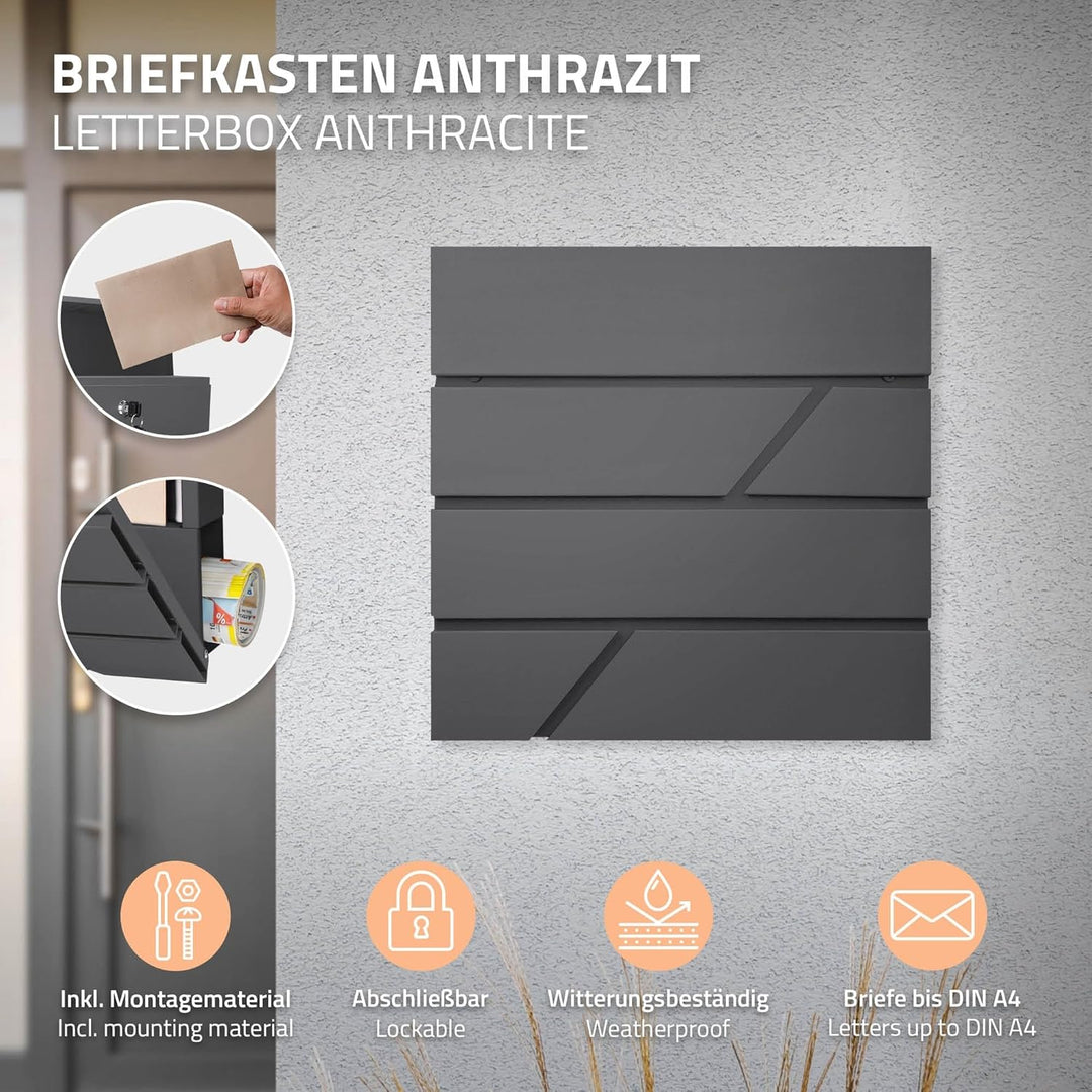 ECD Germany Briefkasten mit Zeitungsfach 37x11x37 cm aus Edelstahl pulverbeschichtet Anthrazit inkl.