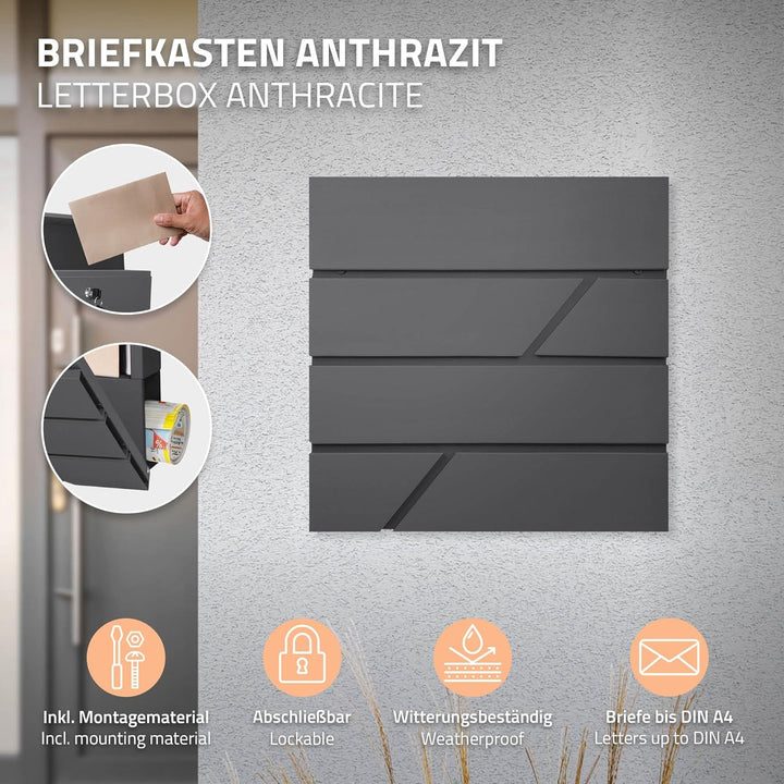 ECD Germany Briefkasten mit Zeitungsfach 37x11x37 cm aus Edelstahl pulverbeschichtet Anthrazit inkl.