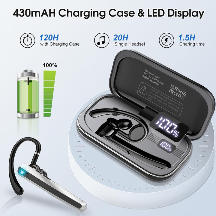 V5.3 Bluetooth Headset, Headset Kabellos Freisprech mit ENC Dual Geräuschunterdrückung Mic, 120 Std