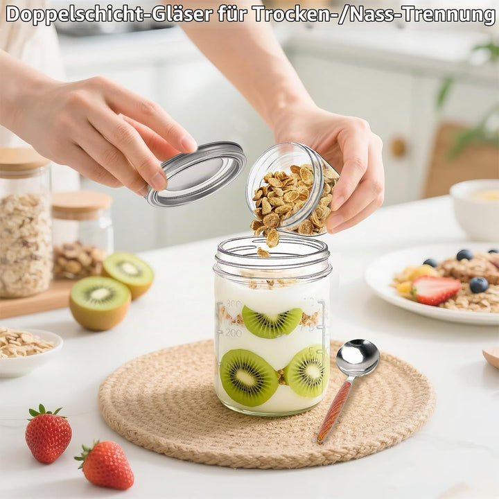4er Overnight Oats Gläser 400ml+100ml, Joghurtbecher to go mit Doppelschicht-Design und Edelstahlöff