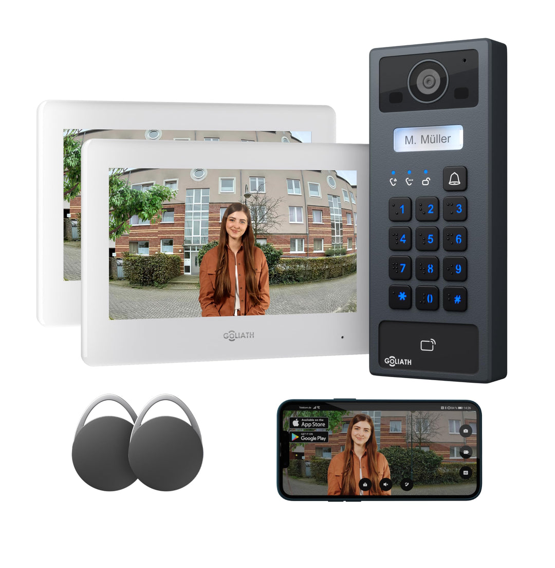 GOLIATH Basic 2-Draht Bus Video-Türsprechanlage, Full-HD, App-Steuerung, 2X 7 Zoll Monitore in Weiss