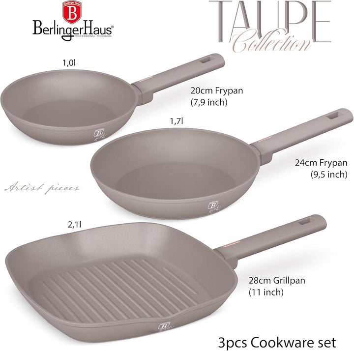 BERLINGERHAUS Pfannenset mit Titanbeschichtung 3 Stück Taupe Collection | Robust, Vielseitig und Sti