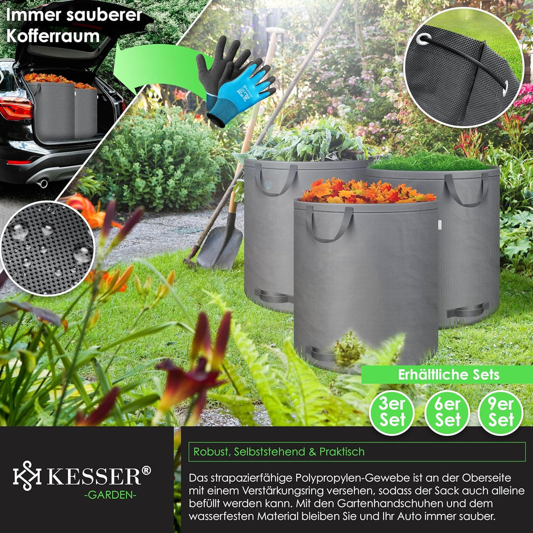 KESSER® Gartensack 3x 272L Set Laubsack Gartenabfallsack inkl. Handschuhe - Selbststehend 4 Griffe S