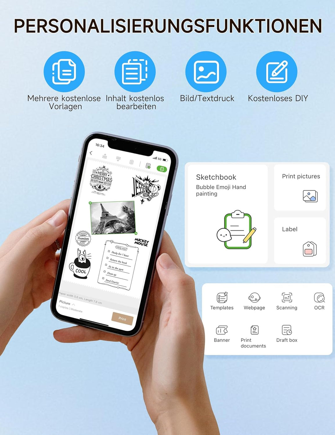 iDPRT Mini Tragbare Aufkleber Drucker，Bluetooth Thermodrucker für Studie Notizen Bilder DIY，Studienn