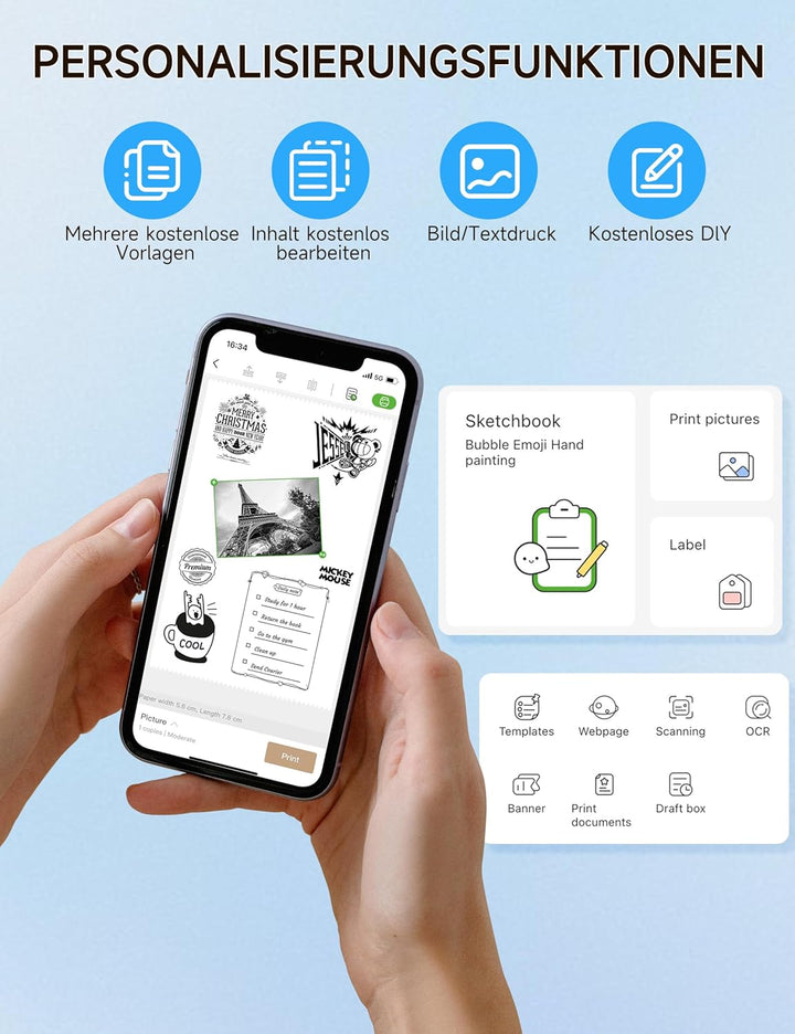 iDPRT Mini Tragbare Aufkleber Drucker，Bluetooth Thermodrucker für Studie Notizen Bilder DIY，Studienn