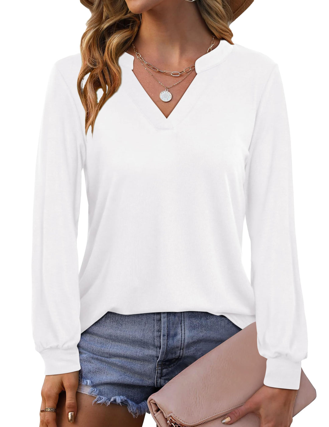 Beluring Langarmshirt Damen Elegant V Ausschnitt Tunika Bluse Einfarbig T-Shirt, S Weiß