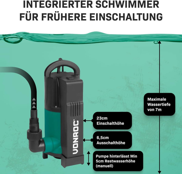 VONROC Tauchmotorpumpe 750W - 14000 l/h - Integrierter Schwimmer | Schmutz- und Klarwasser
