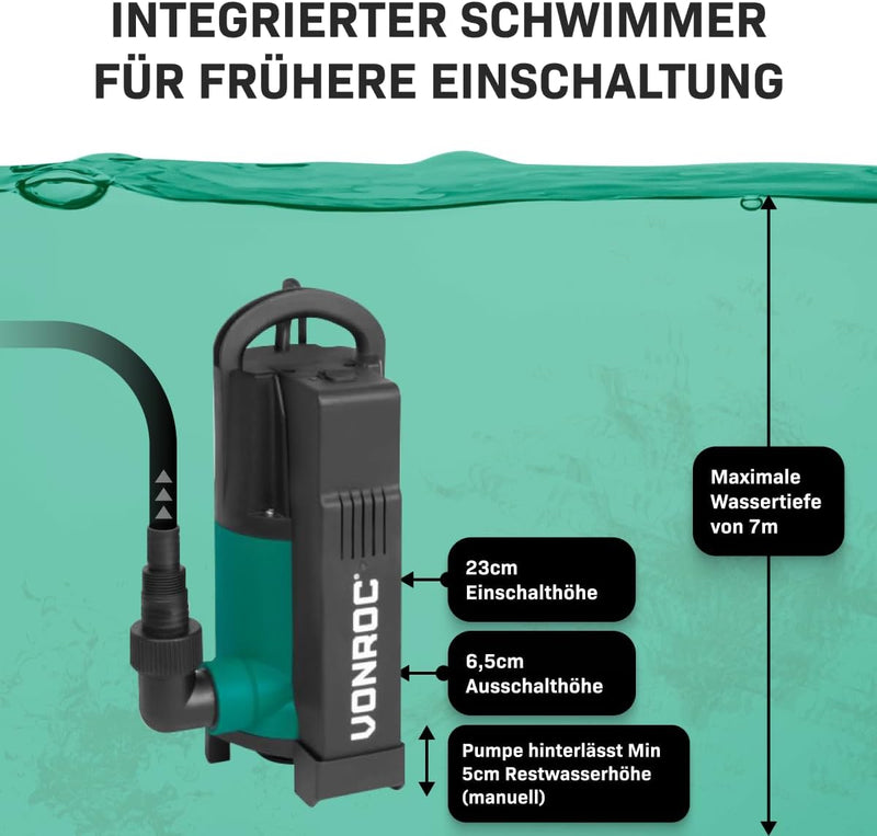 VONROC Tauchmotorpumpe 750W - 14000 l/h - Integrierter Schwimmer | Schmutz- und Klarwasser