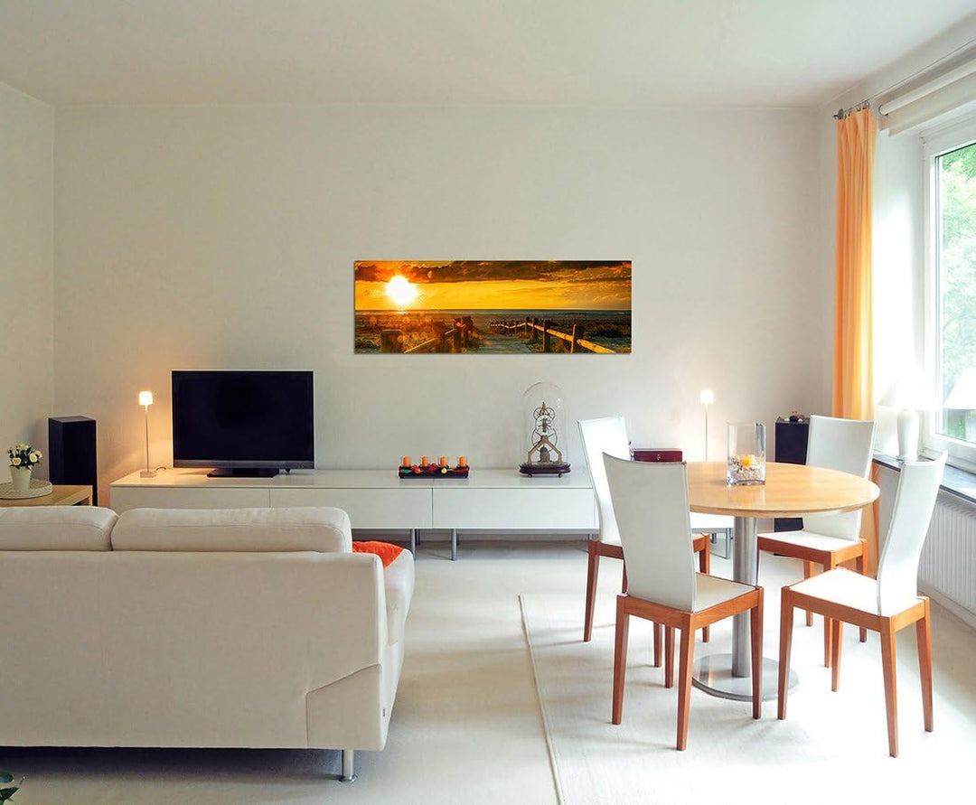 Paul Sinus Art Panoramabild auf Leinwand und Keilrahmen 150x50cm Strand Dünen Steg Meer Sonnenunterg
