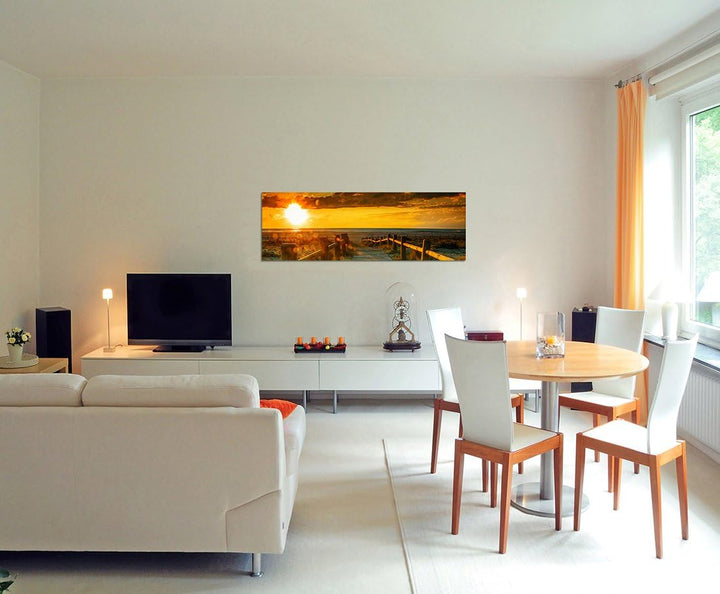 Paul Sinus Art Panoramabild auf Leinwand und Keilrahmen 150x50cm Strand Dünen Steg Meer Sonnenunterg