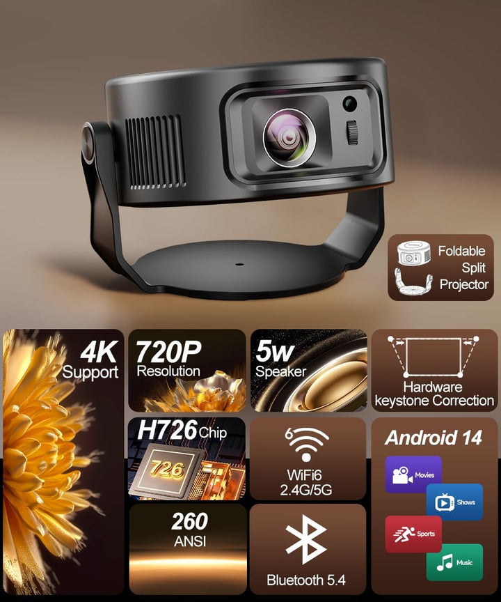 Magcubic Mini Beamer 4K, 360°+35° Foldable Split Projector, 260 ANSI Wi-Fi 6 und Bluetooth 5.4, Auto