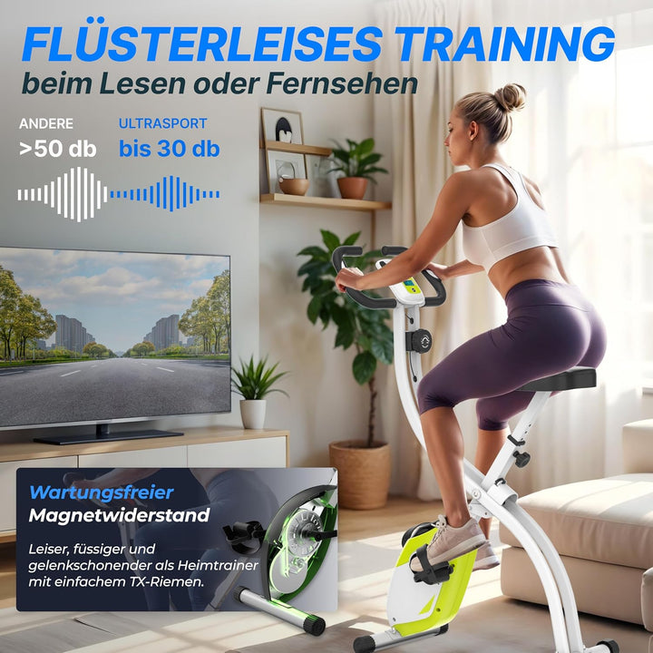 Ultrasport F-Bike 150/200, Heimtrainer, 8 Widerstandsstufen, Tablethalterung, Handpulssensoren, falt