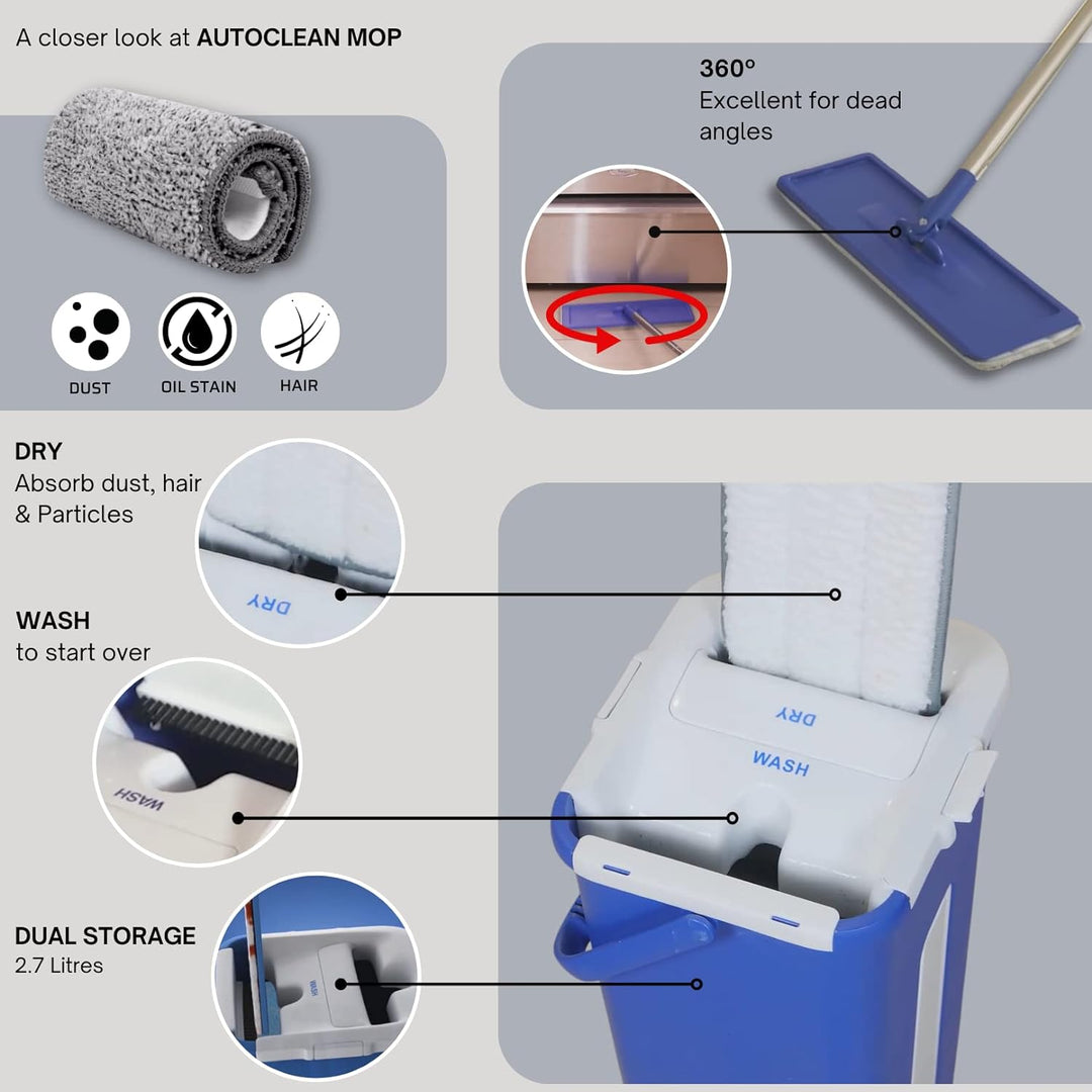 STARLYF Autoclean Mop Set mit Eimer und Mopp + 3 Mikrofasertücher, Doppelfach, trocken/nass, alle Ar