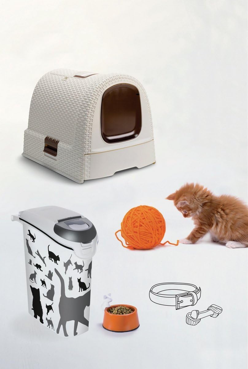 Curver petlife Katzentoilette mit Deckel, Katzenklo inklusive Schaufel, moderne Rattangeflecht-Optik