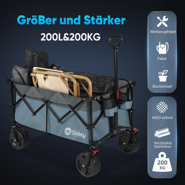 Sekey XXL Plus Bollerwagen Faltbar mit Bremsen 200L 200KG Belastbar, Extra Breite Reifen All Terrain