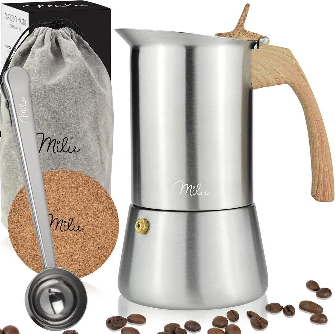 Milu Espressokocher (2 Cup No Induktion) | 2, 4, 6, 9 Tassen | Edelstahl Mokkakanne, Espressokanne,