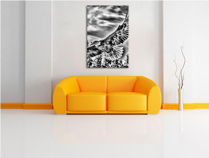 Monocrome, Adler, Format: 100x70 auf Leinwand, XXL riesige Bilder fertig gerahmt mit Keilrahmen, Kun