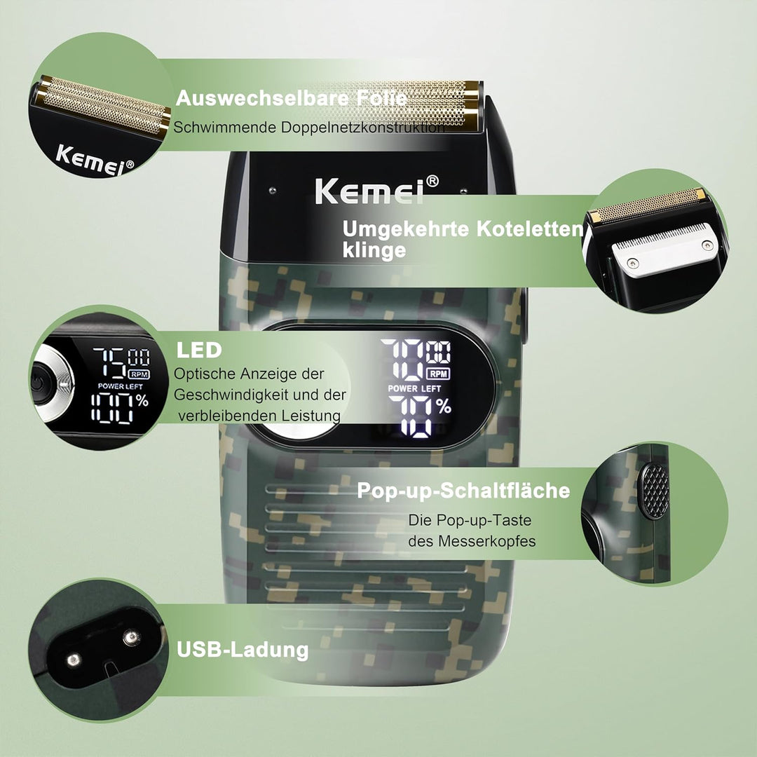 KEMEI Folienrasierer für Männer Elektrischer Rasierer mit Kahlrasur Schnurlose Elektrorasierer mit L