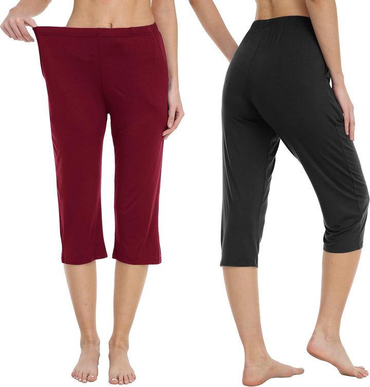MoFiz Damen Schlafanzughose 3/4 Lang Schlafhose Modal Nachtwäsche Weich Pyjamahose Freizeithose mit