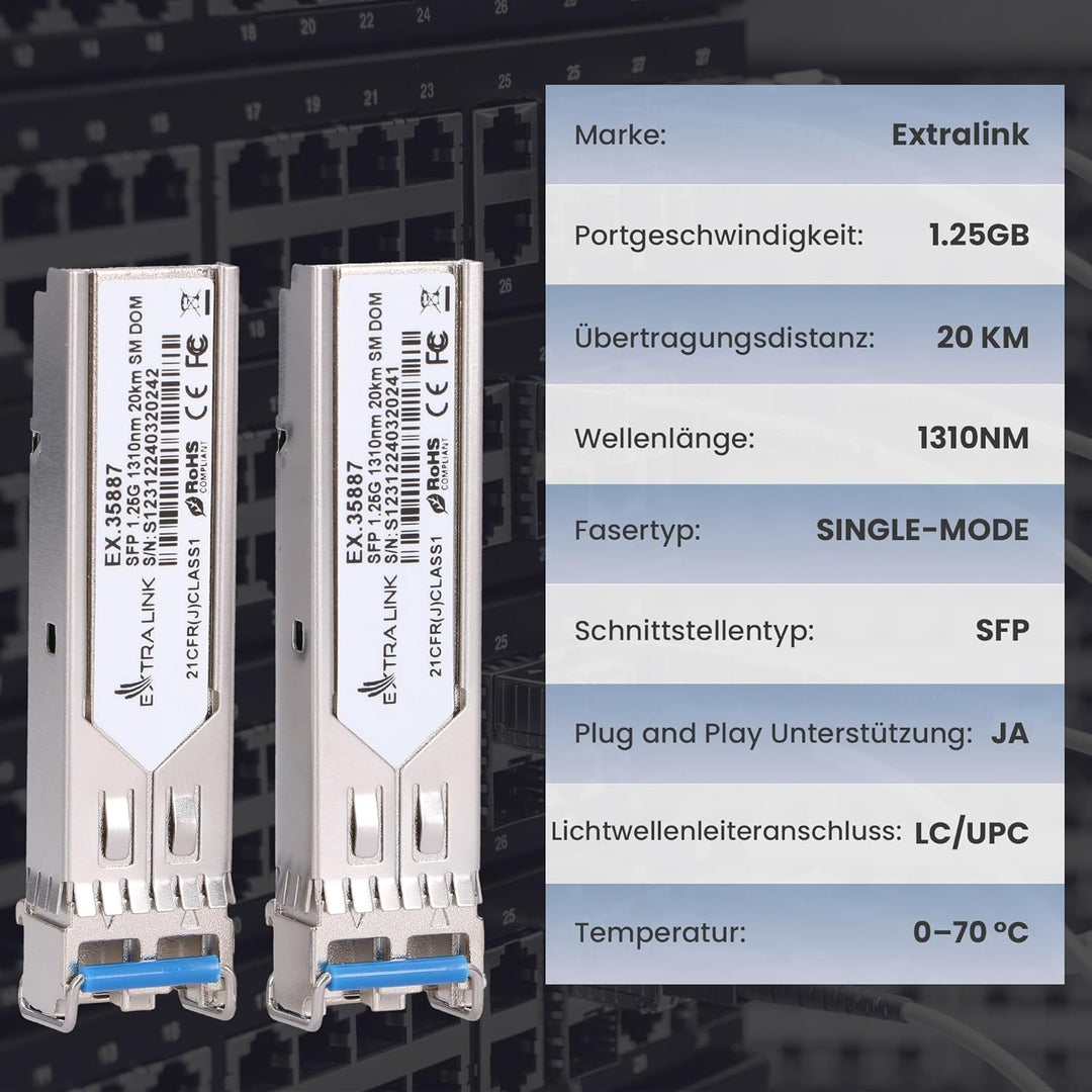 Extralink SFP Modul 1.25G LC Duplex Singlemode 1310 nm 20KM MSA-kompatibel – Für Cisco, Ubiquiti Uni