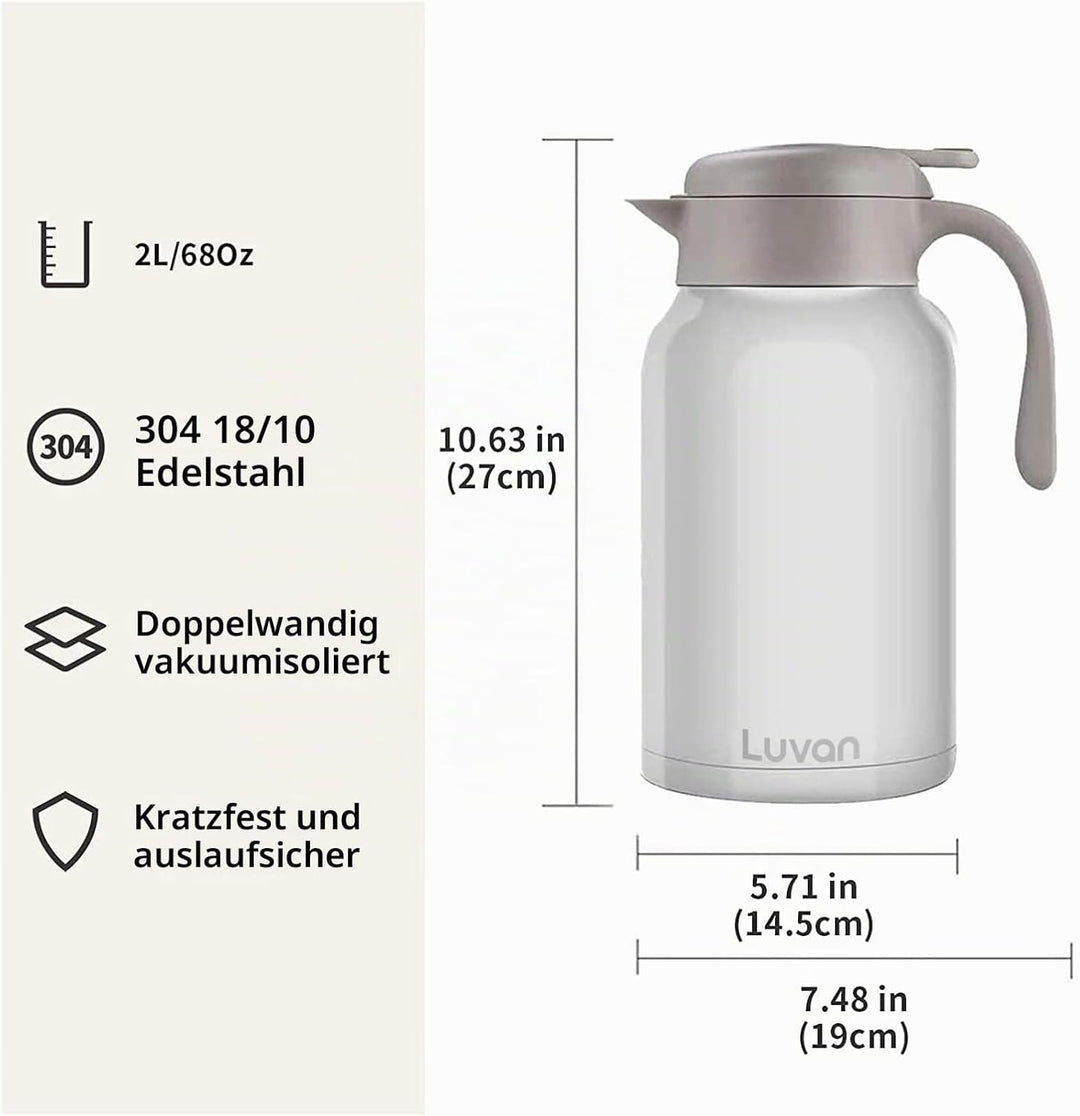 Luvan Thermoskanne 2,0 l, Thermokaraffe aus Edelstahl, Warmhaltefunktion, kalt, 24 Stunden (weiss),