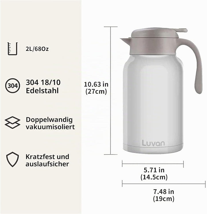 Luvan Thermoskanne 2,0 l, Thermokaraffe aus Edelstahl, Warmhaltefunktion, kalt, 24 Stunden (weiss),