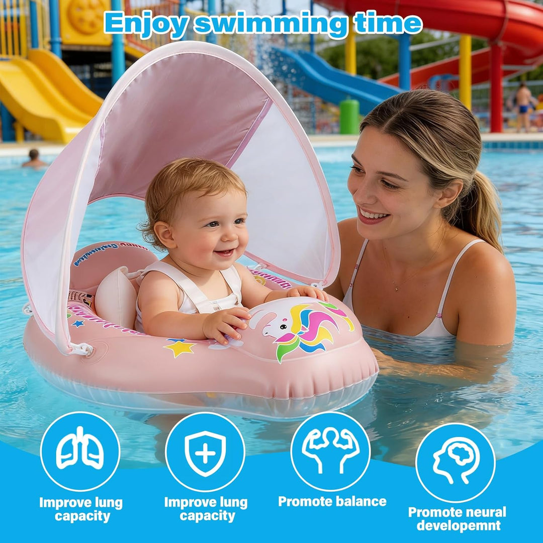 Baby Schwimmring mit Sonnendach Entfernbar, Schwimmring Baby mit Verstellbarer Sicherheitssitz, Kipp