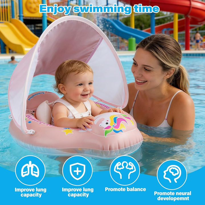 Baby Schwimmring mit Sonnendach Entfernbar, Schwimmring Baby mit Verstellbarer Sicherheitssitz, Kipp