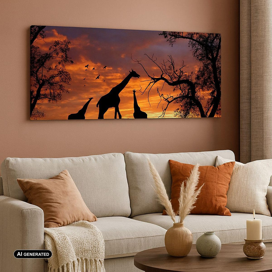 Wandbilder Dekoration Wohnzimmer Giraffe Afrika Sonne Safari Panorama Bilder auf Leinwand 120x50cm L