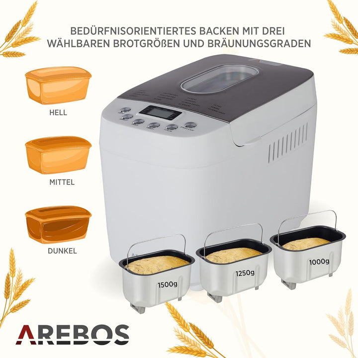 Arebos Brotbackautomat 1500g | mit 15 Programmen | 2 Knethaken | Timer | LCD Display | 3 Bräunungsgr