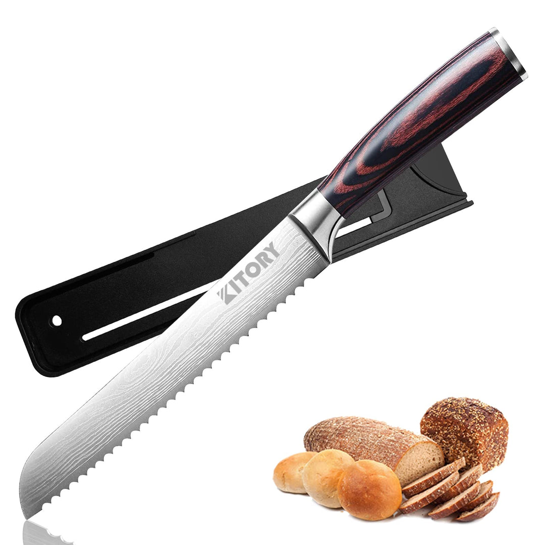 Kitory Brotmesser mit Wellenschliff Klingenlänge 20 cm, Profi Brotmesser mit Klingenschutz, Deutsch