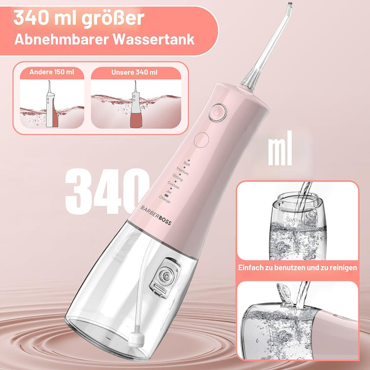 BarberBoss Munddusche Kabellos, Elektrische Zahnseide mit 5 Druckmodi, IPX8 Wasserschutz, tragbares