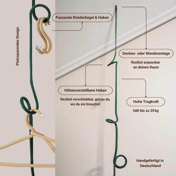 Peppermint Products Loop Rope | Hängende, höhenverstellbare Garderobe aus Seil (Grün), Grün