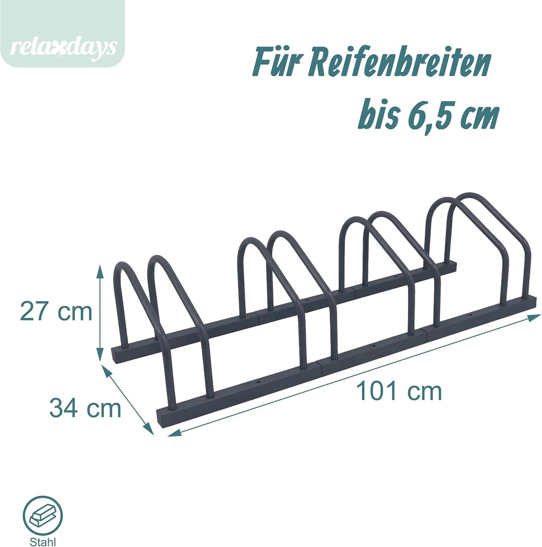 Relaxdays Fahrradständer Boden &amp; Wandmontage, 4 Räder, bis 65 mm Reifenbreite, Garage, Reihenparker,