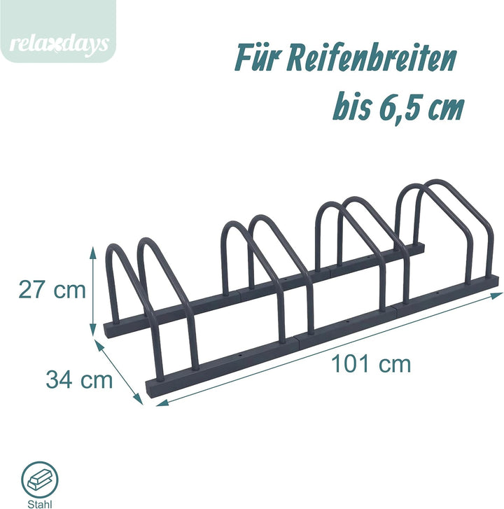 Relaxdays Fahrradständer Boden &amp; Wandmontage, 4 Räder, bis 65 mm Reifenbreite, Garage, Reihenparker,