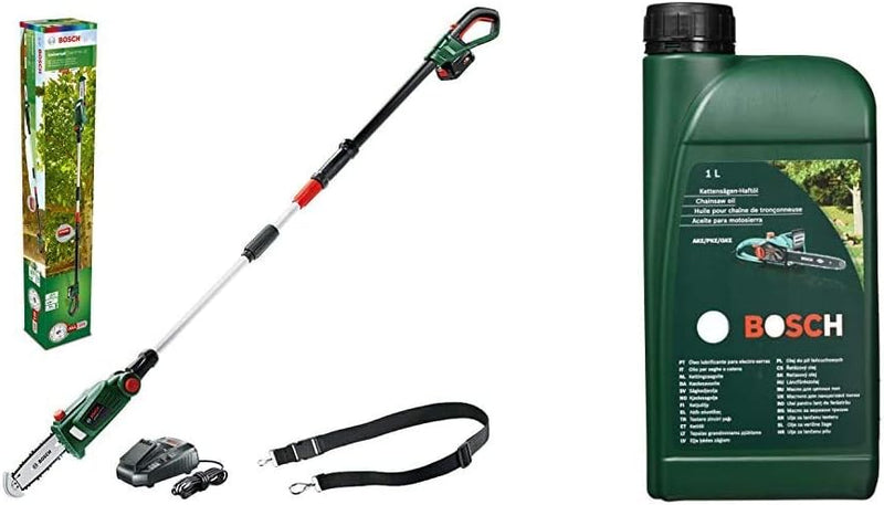 Bosch Akku Hochentaster UniversalChainPole 18 mit 1 Liter Kettensägen-Haftöl (Akku, 18 Volt System,