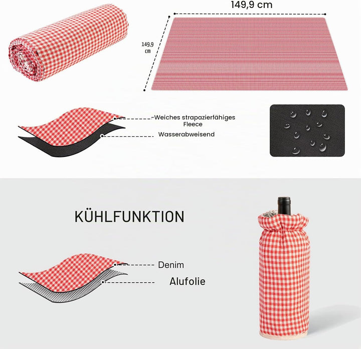 Wicker Picknickkorb Set für 4 Person mit Kühlfach und wasserdichte Picknickdecke, Abnehmbarer Riemen
