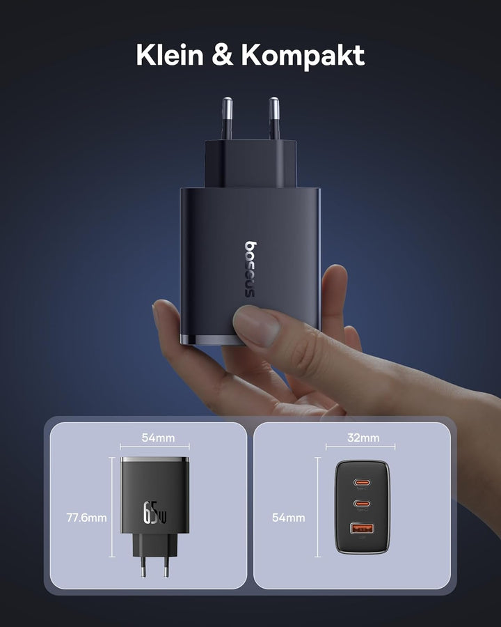 Baseus USB C Ladegerät, 65W USB C Netzteil 3-Port PD Ladegerät mit PPS, GaN Schnellladegerät kompati