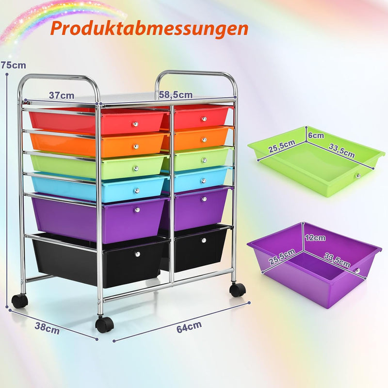 COSTWAY Rollwagen mit 12 stapelbaren Schubladen, Schubladenwagen Rollcontainer mit Metallgestell und