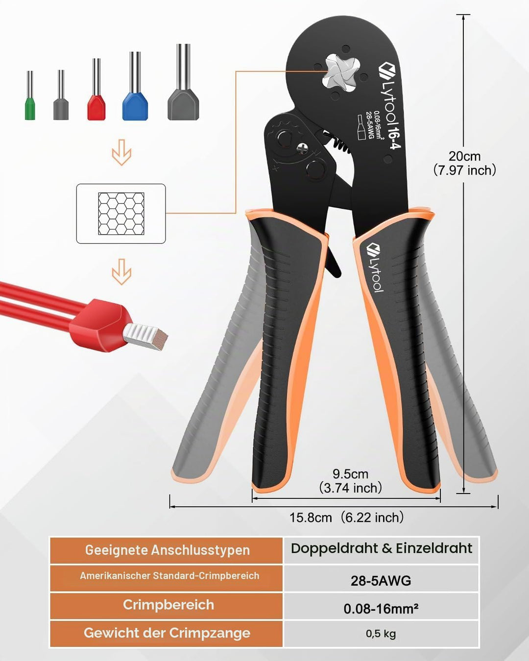 Crimpzange 0.08-16mm² Lytool Aderendhülsenzange Zange Sechskant Presszange | für Isolierte Unisolier