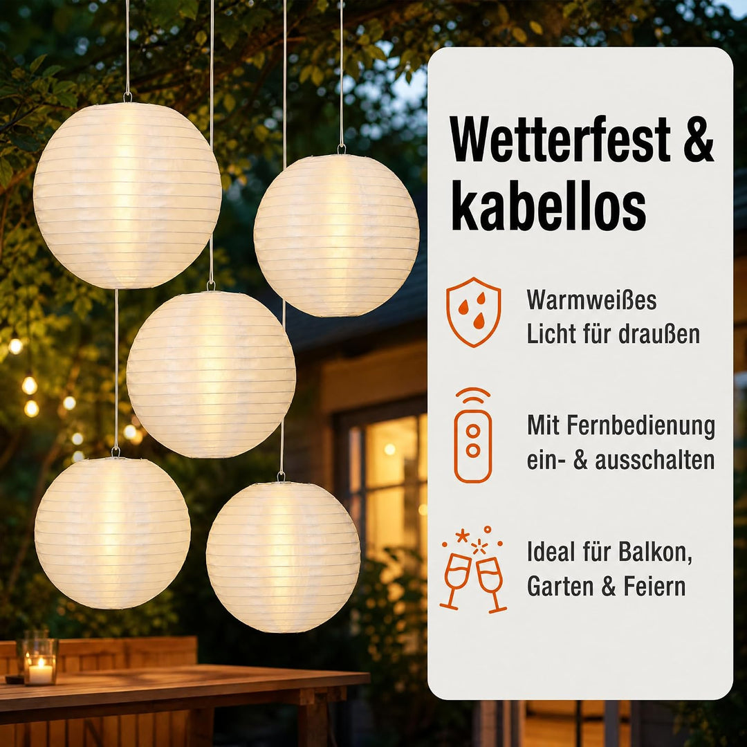 hellum LED Lampions aussen wetterfest, 5x LED für Lampions mit Fernbedienung, 5x 30cm weiss, Batteri