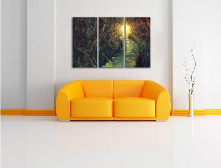 Pixxprint Gehweg im Wald / 3-Teilig/Gesamtmass 120cm Leinwandbild bespannt auf Holzrahmen/Wandbild K