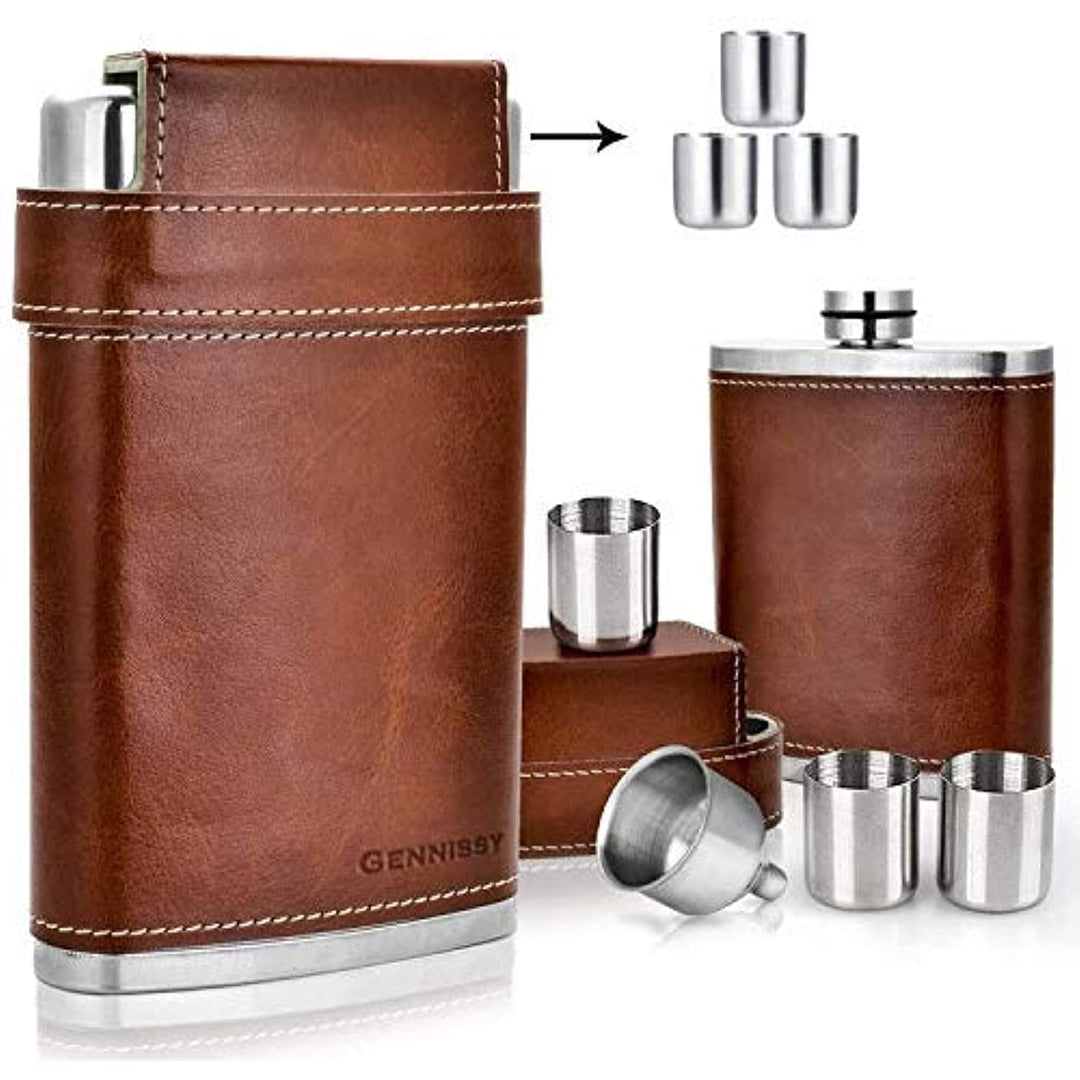 GENNISSY Edelstahl Flachmann,8oz braunes Leder mit 3 Bechern und Trichter, 100% auslaufsicher Braun