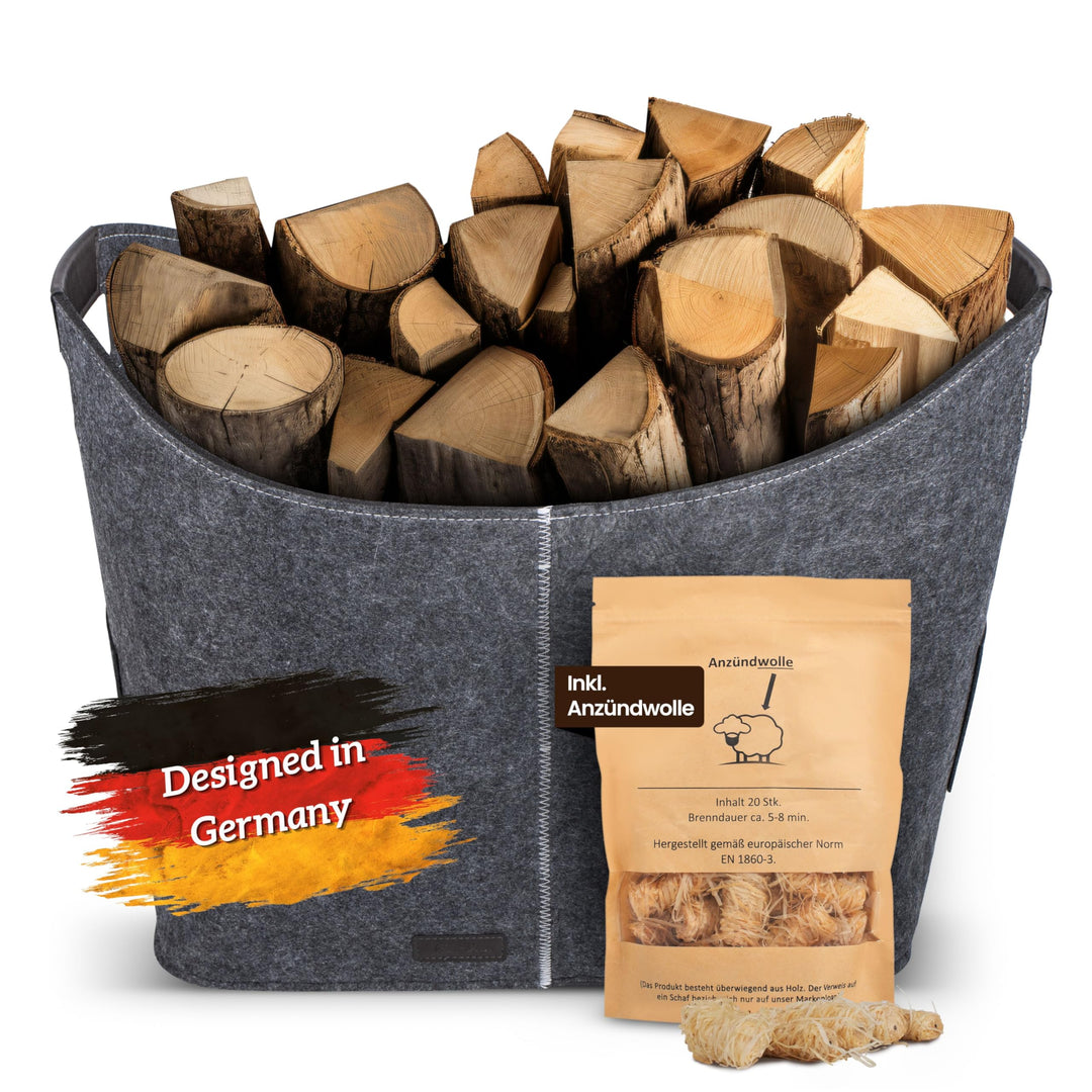 Noisy Sheeps® Holzkorb für Kaminholz gross XXL 60L | Extra starker 6mm Filz | inkl. Anzündwolle für