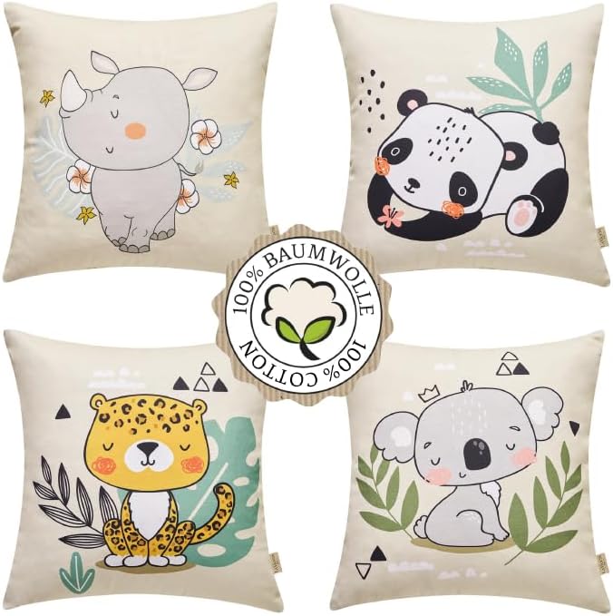 100% Hochwertige Baumwolle: Kinder Kissenbezüge 40x40 (4er Set) | Bezaubernde Tiermotive: Nashorn Le